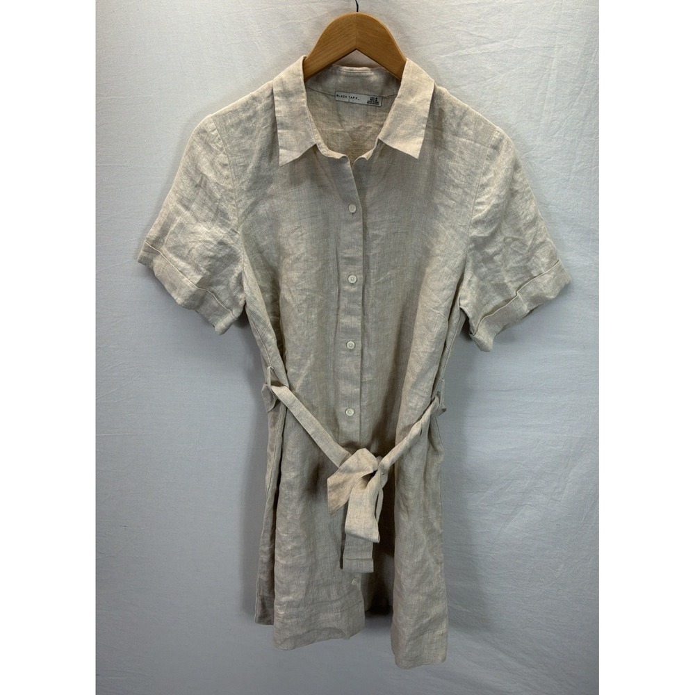 Black Tape button front Shirt Dress M 100% Linen Minimalist Natural Tan Beach